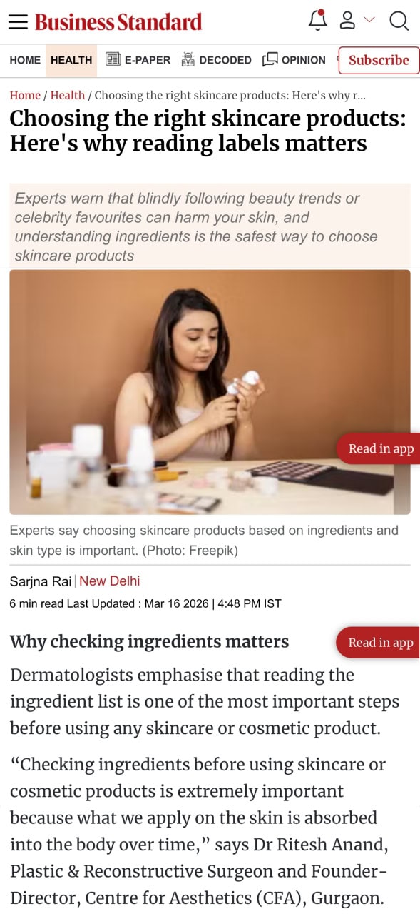 Centre for Aesthetics featured in Business Standard