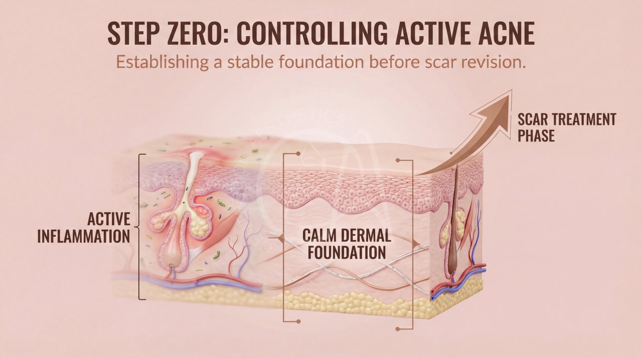 Clinical assessment ensuring active acne is controlled before beginning scar treatment