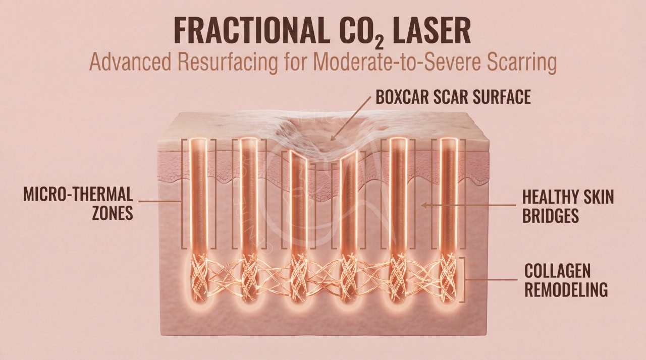 Fractional CO2 laser resurfacing procedure being performed to remodel acne scar tissue