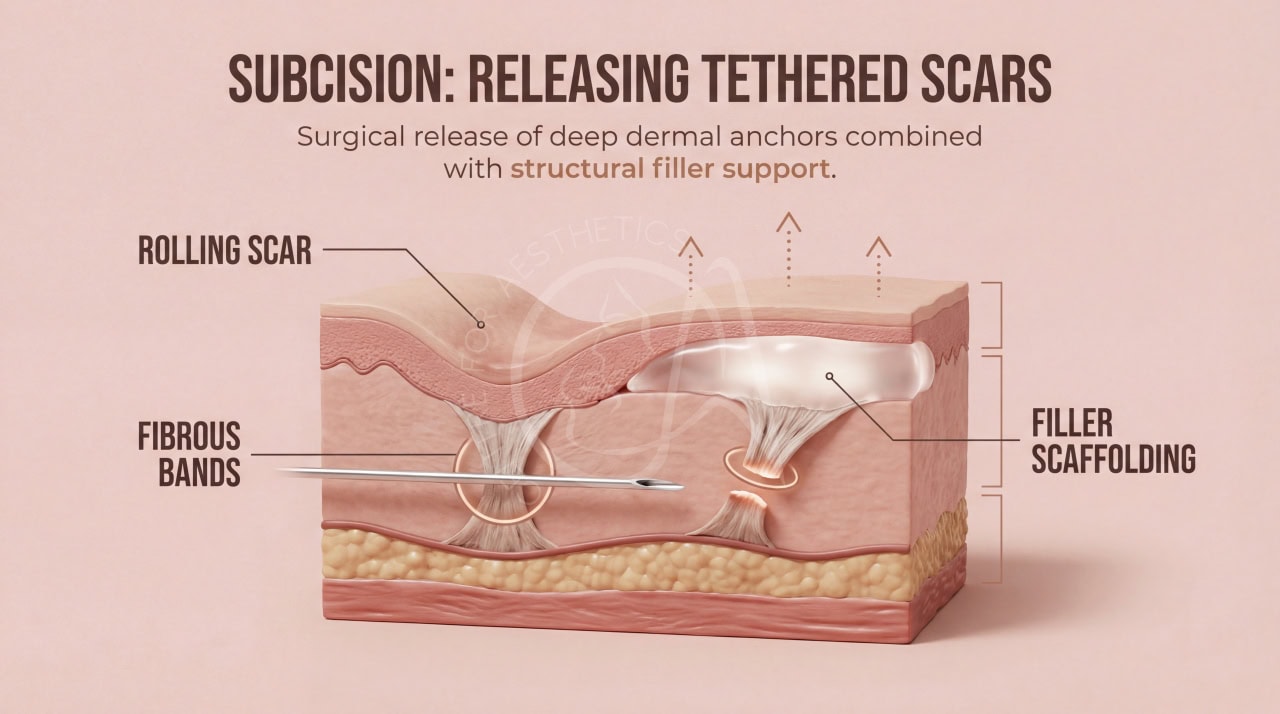 Illustration of subcision technique releasing tethered fibrous bands under a rolling acne scar