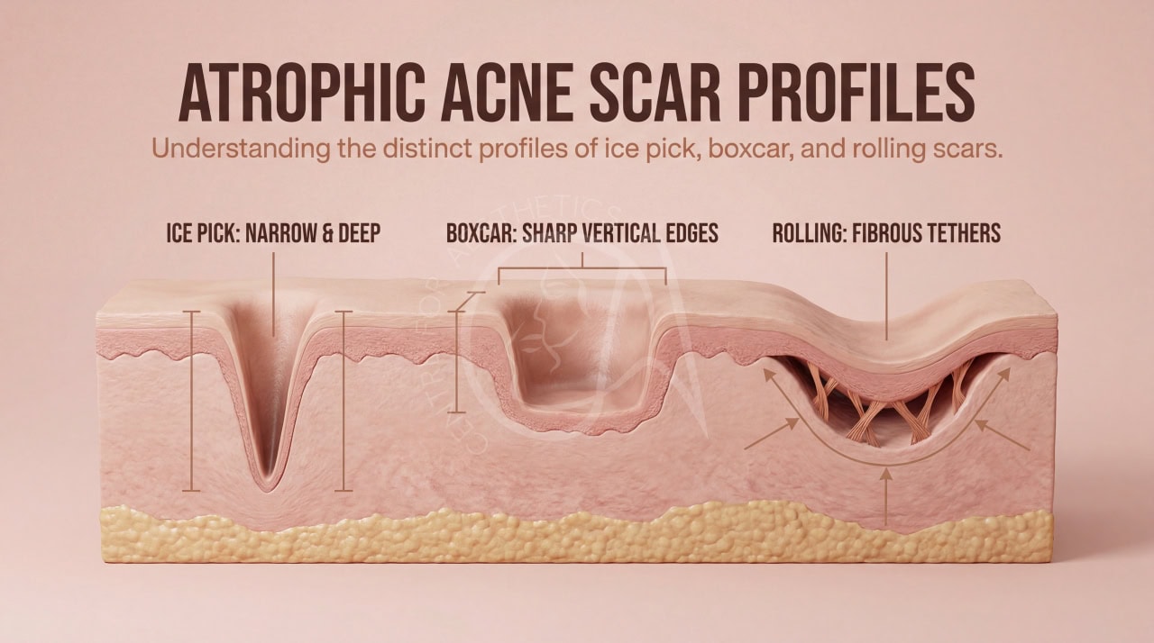 Diagram illustrating the difference between ice pick, boxcar, and rolling acne scars