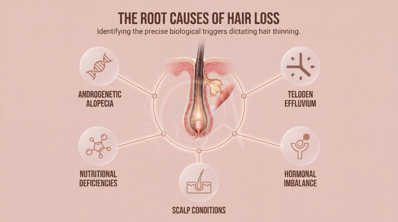 Diagram illustrating common causes of hair fall in young adults including genetics, stress, and nutritional deficiencies
