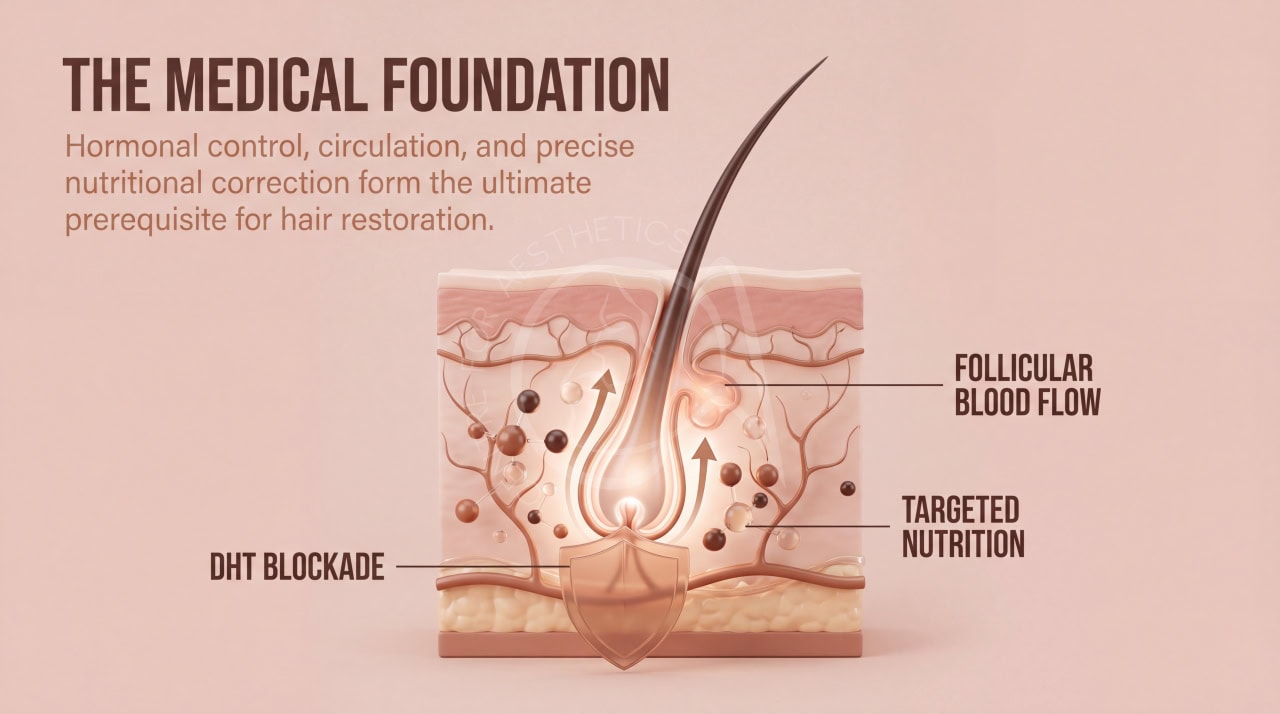 Prescription medical therapy layout showing the foundation of hair loss treatment