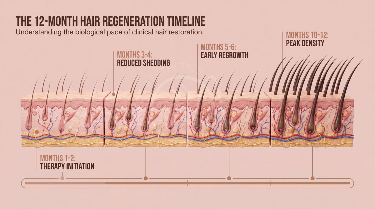 Timeline chart showing realistic hair growth progression over 12 months