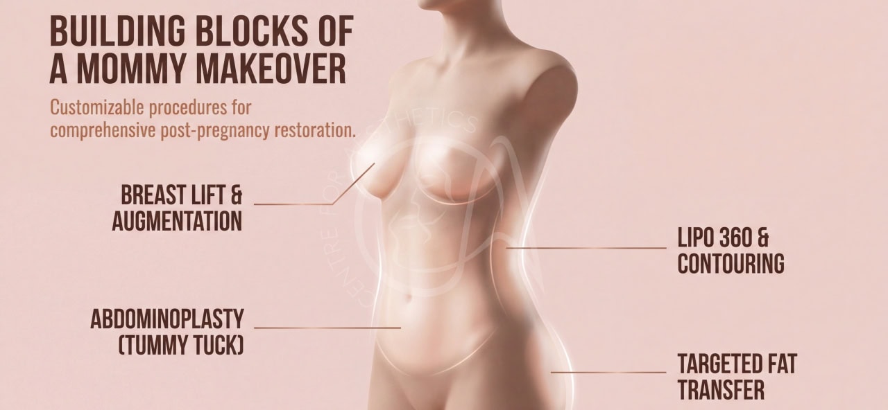 Infographic detailing common Mommy Makeover components like tummy tuck, breast surgery, and liposuction