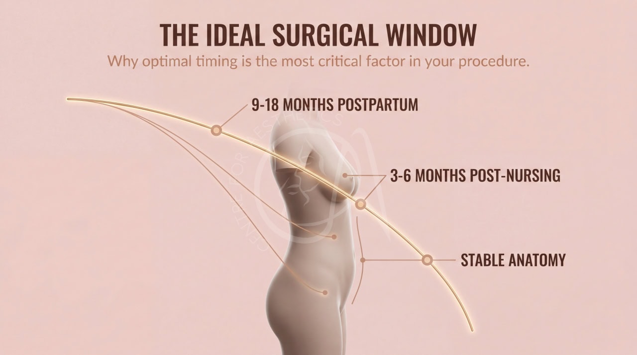 Timeline chart detailing the ideal postpartum timing for safe Mommy Makeover surgery