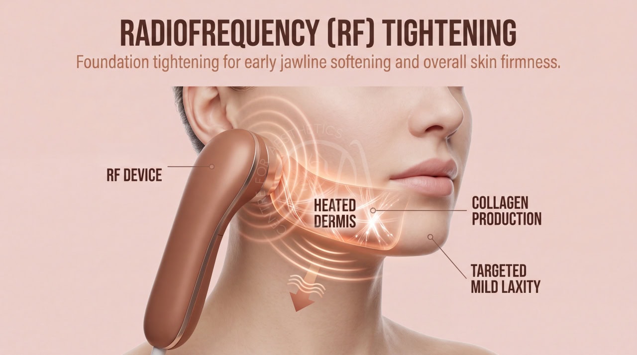 Radiofrequency RF skin tightening treatment for early facial laxity and collagen stimulation