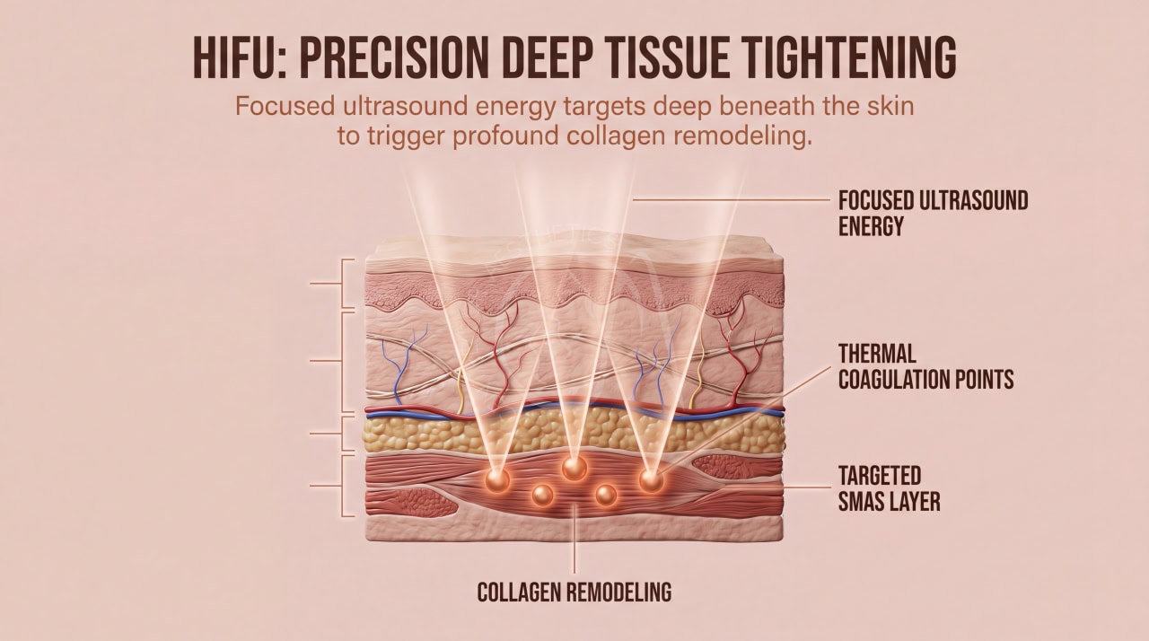 HIFU High-Intensity Focused Ultrasound device targeting deep SMAS skin layers for non-surgical tightening