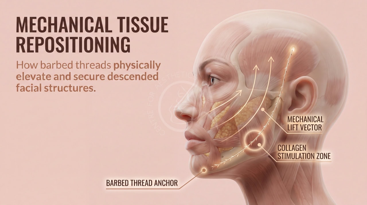 Thread lift procedure using PDO threads to physically reposition descended facial tissue