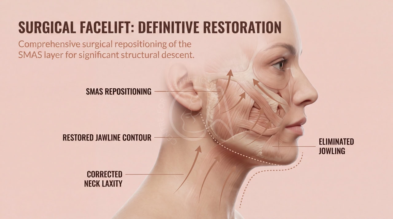 Surgical facelift procedure restoring facial structure by repositioning the SMAS layer