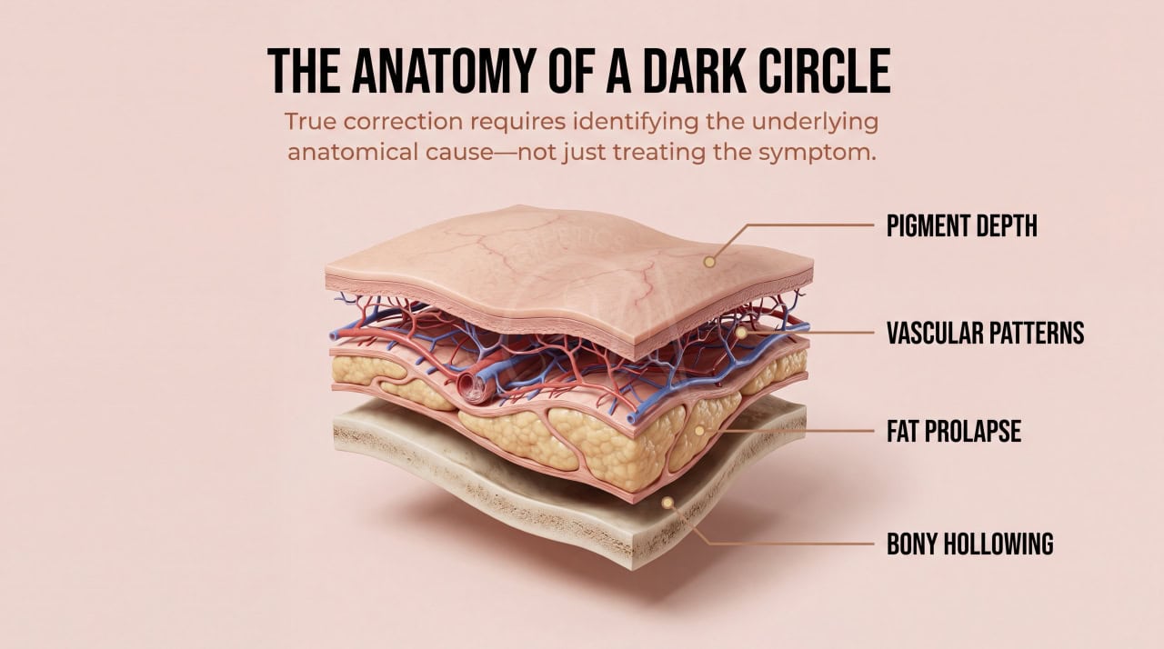 Doctor examining a patient's under-eye area to diagnose the specific type of dark circles